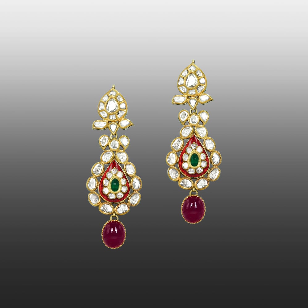 Polki Necklace Set with Emerald and Ruby Cabochons